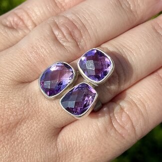 Amethyst Ring-Faceted 3 Stone Adjustable-Sterling Silver