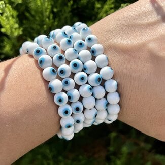 Evil Eye Bracelet - White & Light Blue 8mm Glass Beads