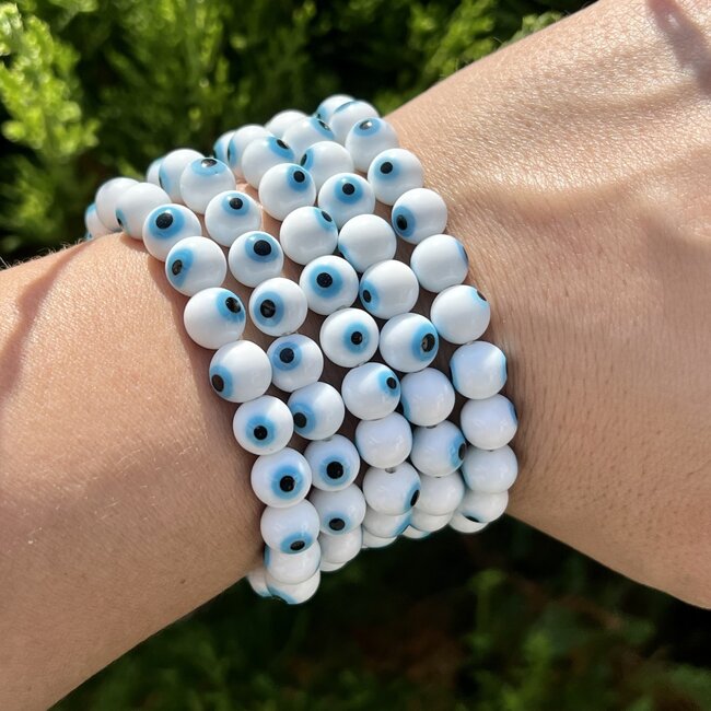 Evil Eye Bracelet - White & Light Blue 8mm Glass Beads