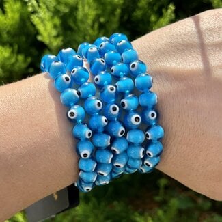 Evil Eye Bracelet - Light Blue 8mm Glass Beads