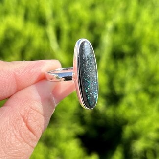 Black Opal Ring - Size 7 Long Oval - Sterling Silver
