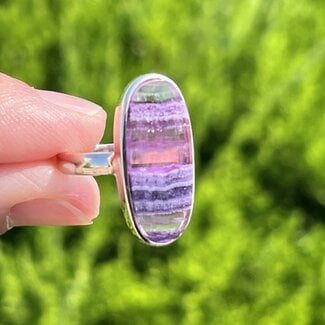 Purple Fluorite Ring - Size 7 Long Oval - Sterling Silver