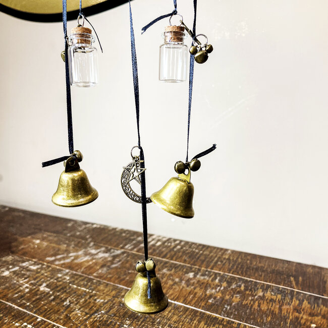 Witch Wicca Bells Hanging- Round Crescent Moon Door Handle - Empty Jars Chime Protection Handmade