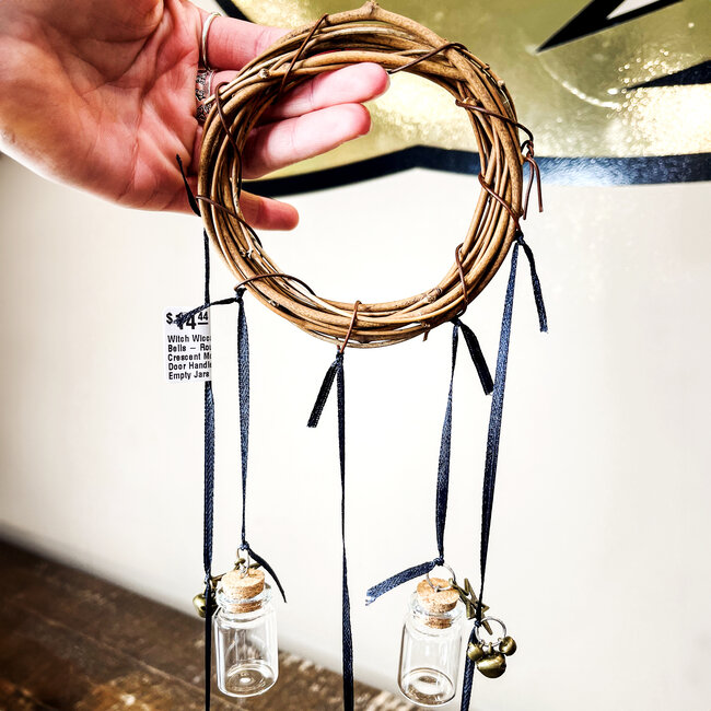 Witch Wicca Bells Hanging- Round Crescent Moon Door Handle - Empty Jars Chime Protection Handmade