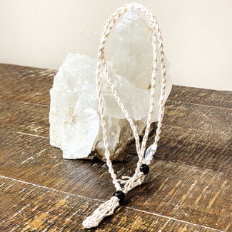 Macrame Cream Off White Crystal Necklace Holder Black Beaded-Net Bag Adjustable 16"- Small-Medium Crystals