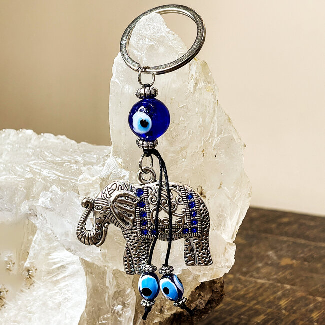 Evil Eye Keychain -  Elephant Blue Beaded  - Silver 3.5" Key Chain