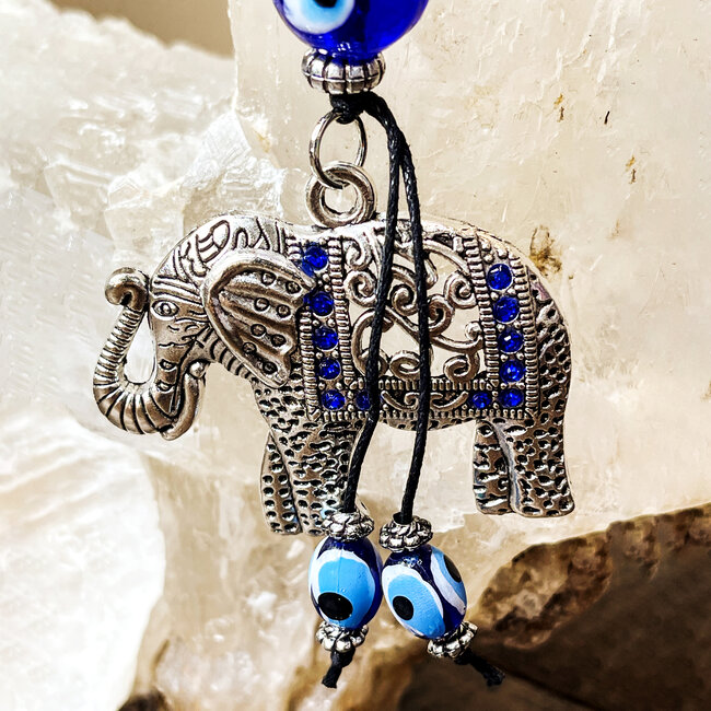 Evil Eye Keychain -  Elephant Blue Beaded  - Silver 3.5" Key Chain