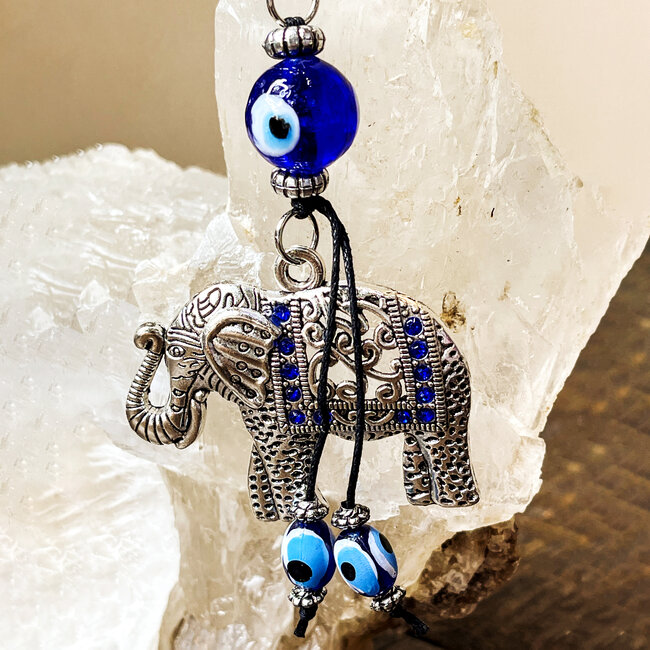 Evil Eye Keychain -  Elephant Blue Beaded  - Silver 3.5" Key Chain