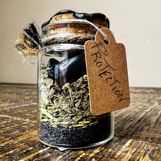 Glass Crystal & Herb Spell Intention Jar - Small 2" - Protection
