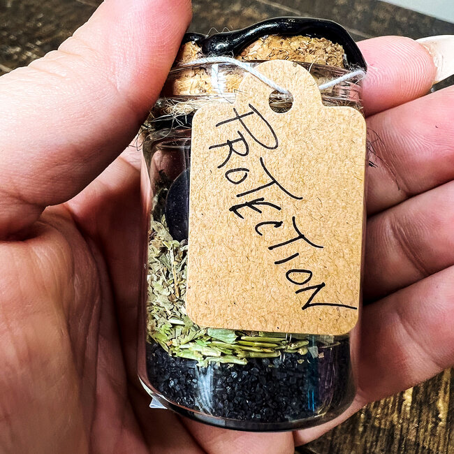 Glass Crystal & Herb Spell Intention Jar - Small 2" - Protection