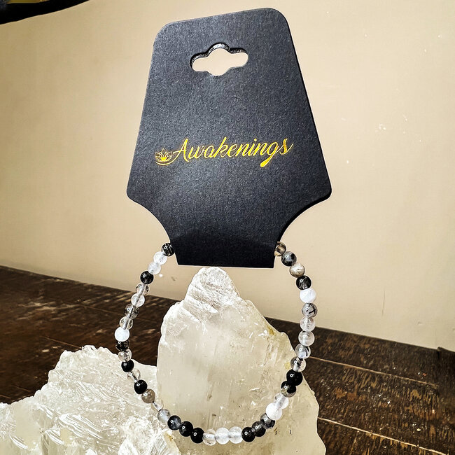 Black Tourmaline in Clear Quartz (Tourmalated Tourmalinated Rutilated Quartz) Bracelets - 4mm Mini