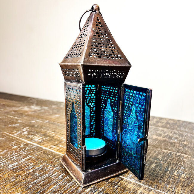 Turkish Lantern - Glass & Metal (Blue) 8"  Votive Candle Holder Home Decor