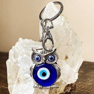 Blue Evil Eye Glass Keychain w/ Small Blue Owl  - 3.5"