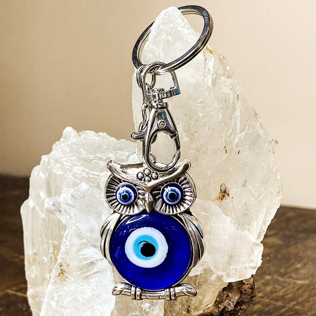 Blue Evil Eye Glass Keychain w/ Small Blue Owl  - 3.5"