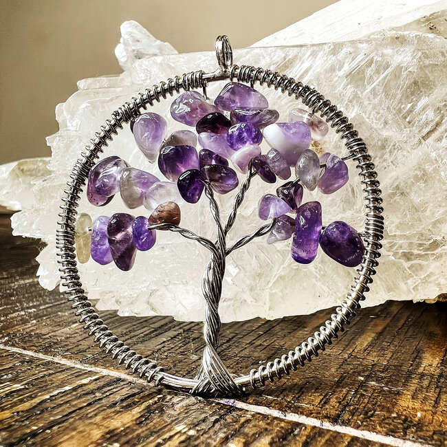 Amethyst Pendant - Tree of life Wire Wrapped 2"- Silver Plated Mirror Window