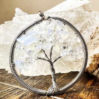 Opalite Pendant - Tree of life Wire Wrapped 2"- Silver Plated Mirror Window