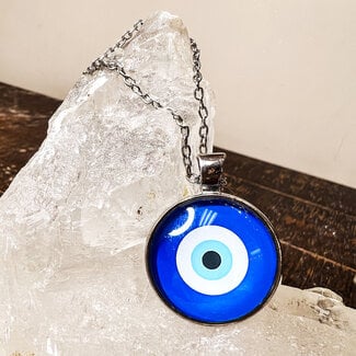 Evil Eye Necklace - Light Blue Simple 24" Silver Plated - Round Glass