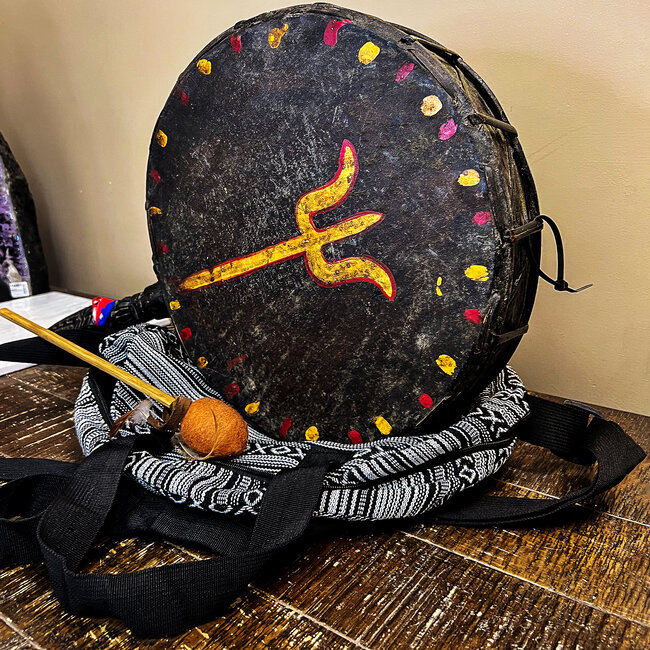 Shamanic Tamang Dhyangro Drum with Striker Beater Phurbu Handle - Nepalese Case Included