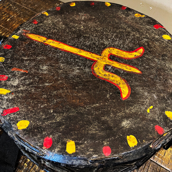 Shamanic Tamang Dhyangro Drum with Striker Beater Phurbu Handle - Nepalese Case Included