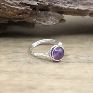 Amethyst  Silver (Silver Plated) Wire Wrapped Ring - Size 7