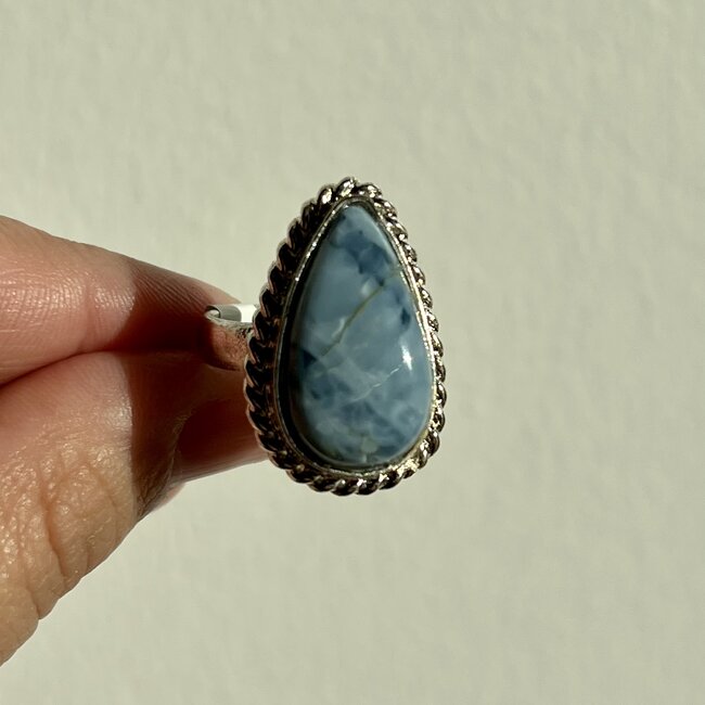 Blue Chalcedony Adjustable Ring - Pear / Teardrop (Silver Plated)