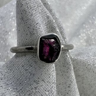 Purple Garnet Ring - Size 8 - Natural Bezel Set -Sterling Silver Raw Rough