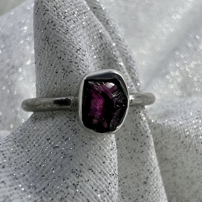 Purple Garnet Ring - Size 9 - Natural Bezel Set -Sterling Silver Raw Rough