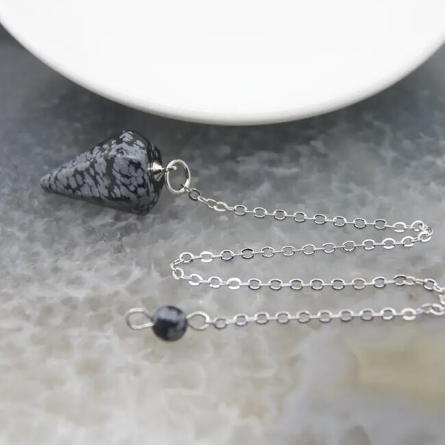 Snowflake Obsidian Pendulum-Hexagonal Faceted Cone Point Divination Dowsing (Small)-Silver Chain-Crystal Gemstone