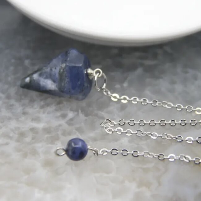 Sodalite Pendulum-Hexagonal Faceted Cone Point Divination Dowsing (Small)-Silver Chain-Crystal Gemstone