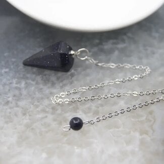 Blue Sandstone Goldstone Pendulum-Hexagonal Faceted Cone Point Divination Dowsing (Small)-Silver Chain-Crystal Gemstone