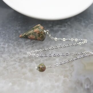 Unakite Jasper Pendulum-Hexagonal Faceted Cone Point Divination Dowsing (Small)-Silver Chain-Crystal Gemstone