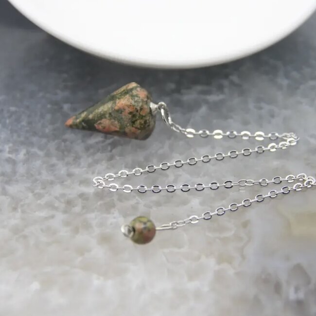 Unakite Jasper Pendulum-Hexagonal Faceted Cone Point Divination Dowsing (Small)-Silver Chain-Crystal Gemstone