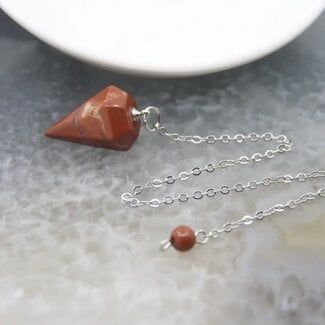 Red Jasper Pendulum-Hexagonal Faceted Cone Point Divination Dowsing (Small)-Silver Chain-Crystal Gemstone