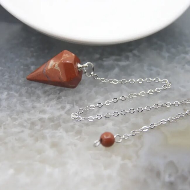 Red Jasper Pendulums - Hexagonal Faceted Cone Point Divination Dowsing (Small)-Silver Chain-Crystal Gemstone