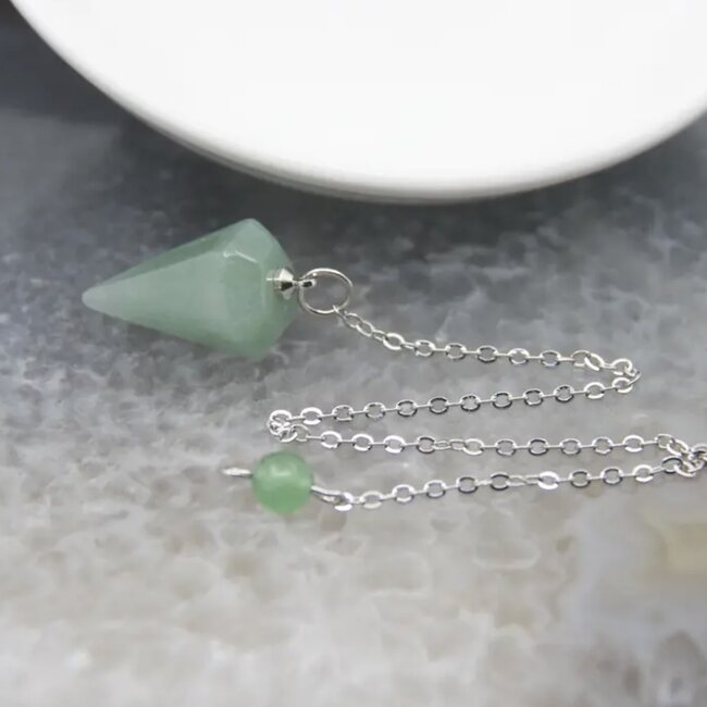 Green Aventurine Pendulum-Hexagonal Faceted Cone Point Divination Dowsing (Small)-Silver Chain-Crystal Gemstone