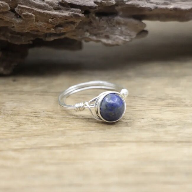 Lapis Lazuli Silver (Silver Plated) Wire Wrapped Ring - Size 7
