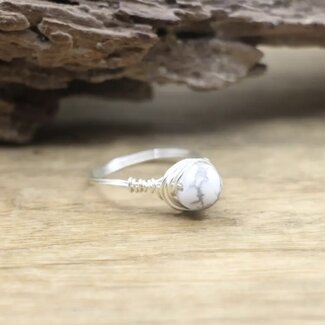 White Howlite Silver (Silver Plated) Wire Wrapped Ring - Size 7