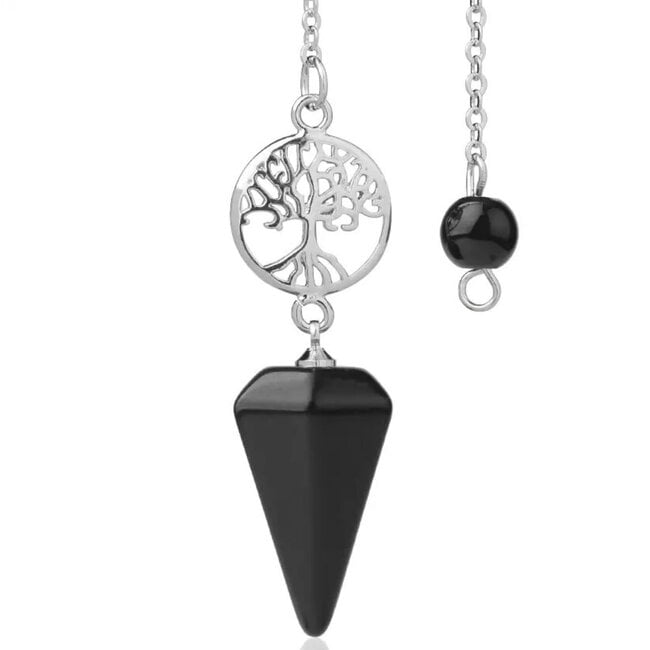 Black Obsidian Pendulum - Tree of Life Charm Faceted Point - Silver Chain