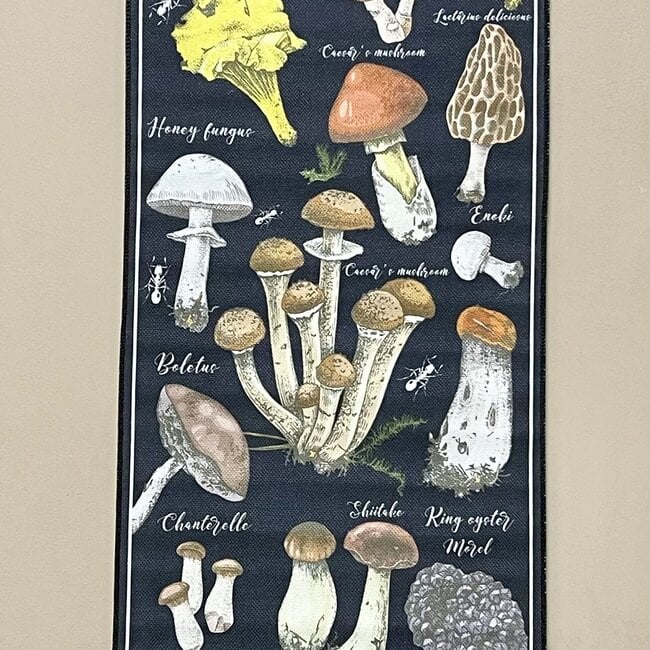 Various Mushrooms Fringed Bottom Tapestry Banner Wall Decor - Black 15.75"x 55"