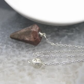 Rhodonite Pendulum-Hexagonal Faceted Cone Point Divination Dowsing (Small)-Silver Chain-Crystal Gemstone