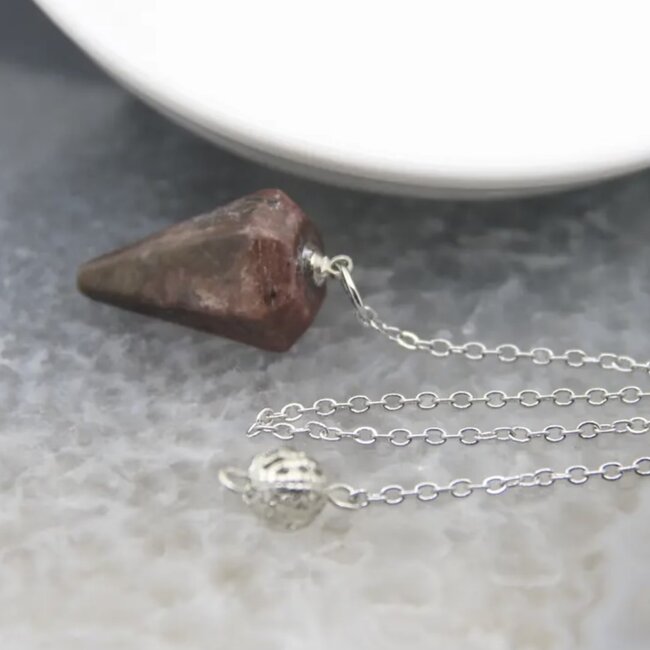 Rhodonite Pendulums - Hexagonal Faceted Cone Point Divination Dowsing (Small) - Silver Chain-Crystal Gemstone