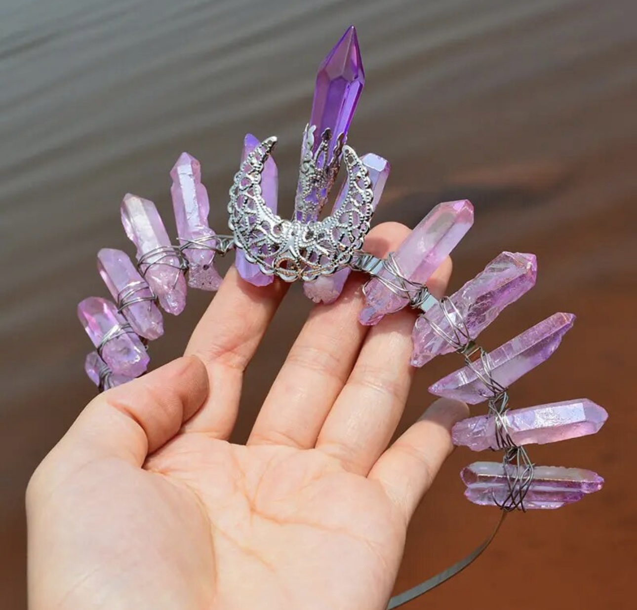 Purple Aura Quartz Tiara Crown Rough Points, Crescent Moon (Silver