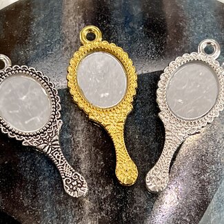 Antique Retro Mirror Charm - 1" Bright Silver (Plated)