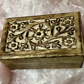 Mango Wooden Box w/ Moons & Flowers - 6" x 3.5" Hand Carved Designs