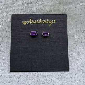 Amethyst Earrings-Faceted Rectangle Studs (Emerald Cut)-Sterling Silver