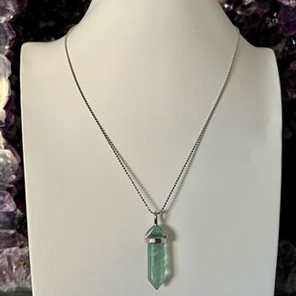 Green Fluorite Necklace-Point on Bead Chain 18" Silver Plated