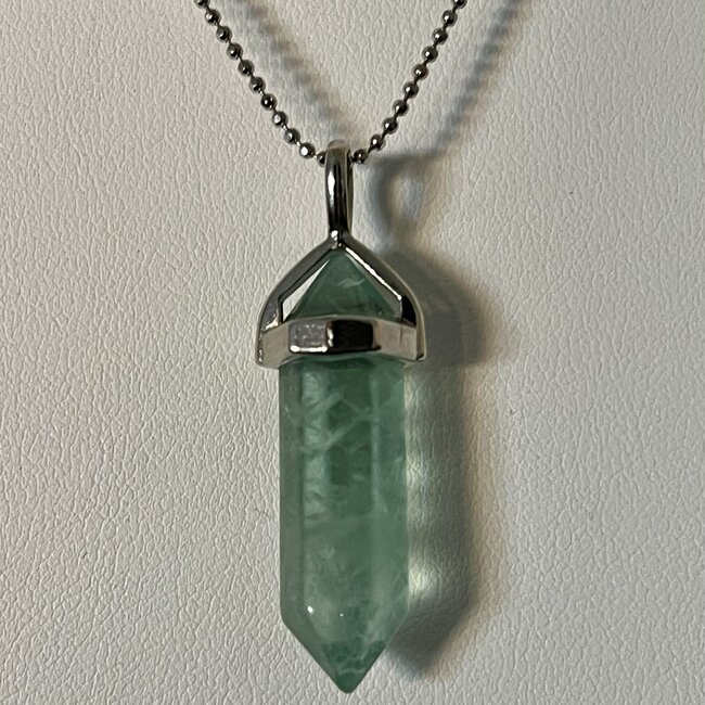 Green Fluorite Necklaces - Point on Bead Chain 18" Silver Plated