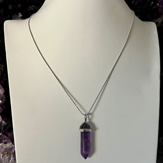 Purple Fluorite Necklaces - Point on Bead Chain 18" Silver Plated