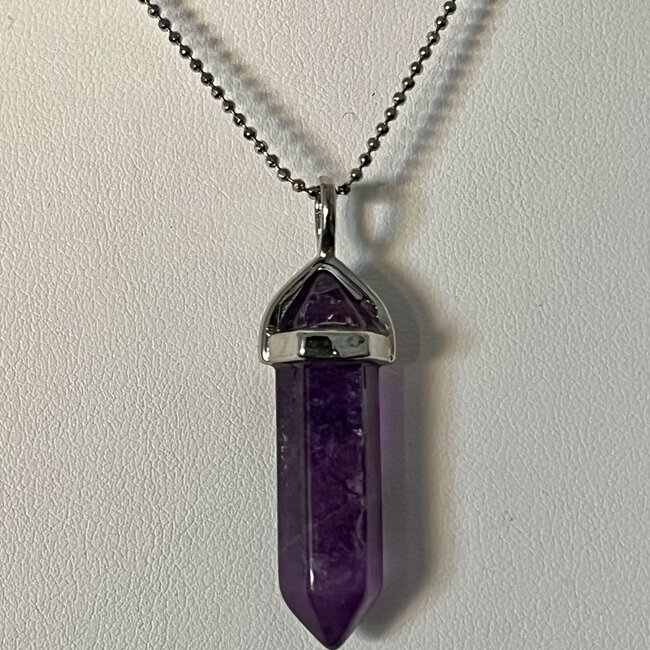 Purple Fluorite Necklaces - Point on Bead Chain 18" Silver Plated