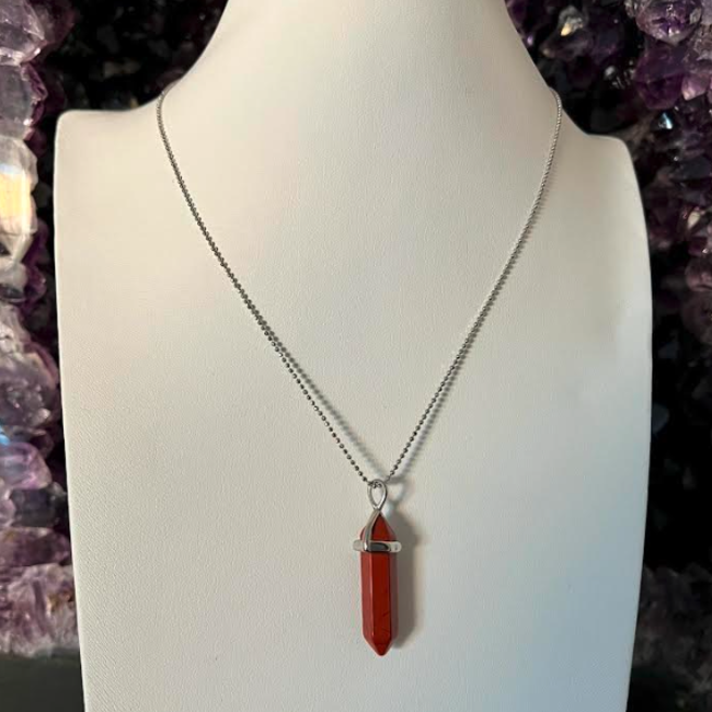 Red Jasper Necklaces - Point on Bead Chain 18" Silver Plated